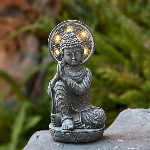 Tuzsocr Solar Buddha Gartenstatuen, Meditierender Buddha Figur Deko mit Lotus LED-Leuchten, Zen Buddha Statue für draußen, Harz Sitzende Budda Solarleuchten Deko Hof, Terrasse, Fensterbank (Stil 1)