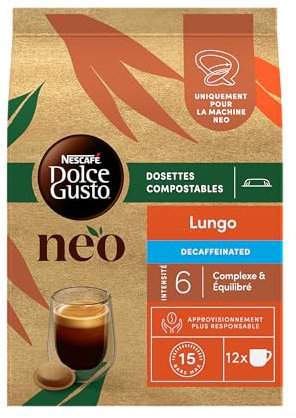 NEO Lungo Décaféiné par NESCAFÉ® Dolce Gusto® - 72 Dosettes de café (6 boîtes de 12 dosettes) - Compatibles uniquement avec les machines à café NESCAFÉ Dolce Gusto NEO