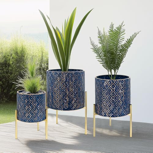 G-LEAF Set 3 Pflanzgefäße mit Gold Ständer aus Metall 25&20&15cm Hoch, Innen&Outdoor Moderne Blumentöpfe mit Relief Rautenmusterfür Wohnzimmer Ecke/Küche/Büro/Garten/Balkon Dekoration (Dunkelblau)