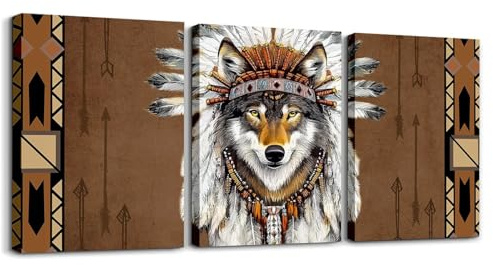 Homewish Leinwand Bilder Wolf Leinwandbild Pictures Exotische Indianer Stil Wandgemälde Western Azteken Bild Auf Leinwand Landhausstil Wand Deko für Schlafzimmer Gerahmt Wandkunst 40x30cmx3Pcs