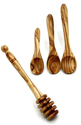 Lot de 4 cuillères en bois d'olivier (9/12/14 cm + cuillère à miel de 15 cm) - Fabriqué à la main - Naturel et durable - Pour épices, confiture, miel, cuisine et service