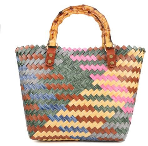 Einkaufskorb Geflochten aus Kunststoff, Strandtasche Stroh Groß, Korbtasche Handtasche, Korbtaschen Damen Mit Bambusgriff, Vintage Basttaschen Damen Sommer, Wasserdicht Einkaufstasche Geflochtene Tasc