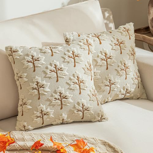 La Desire Beige Weiche Kissenbezüge 45x45 cm Plüsch Bestickte Dekorative Kissenbezüge 2er Pack Ahornblatt Kunstfell Kissenbezüge Frühling Herbst Jacquard Kissenbezüge
