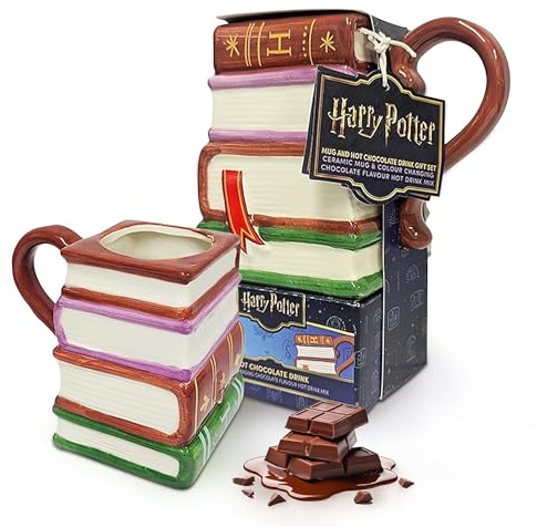 Harry Potter Mug & Hot Chocolate Gift Set - Ceramic Stacked Books Mug with Red Colour Changing Hot Chocolate Drink. Harry Potter Gifts for Stocking Fillers, Christmas Gift for Kids