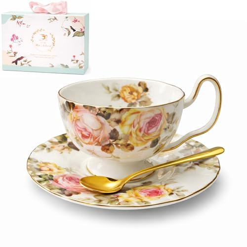 AHKALVTE Ceramic Tea Cup with Saucers and Spoons (Herbst)