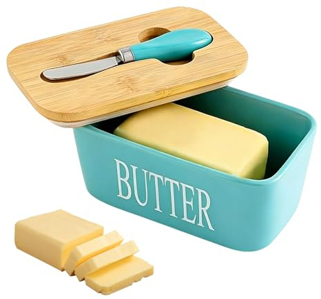 Butter Dish with Lid, Ceramic Butter Dish with Bamboo Lid & Stainless Steel Knife Airtight Butter Keeper for Counter or Fridge, Double Silicone Seal, 350 ML (Green)