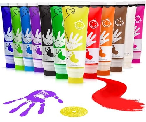 Kit de Peinture au Doigt avec Têtes Éponge 12 Couleurs 75ml/Tube Non Toxique et Lavable, Cadeau d'Éveil pour Enfant, Peinture Artistique
