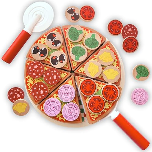 Holz Pizza Set für Kinder, 27-teiliges Spiellebensmittel Set mit Pizzaschneider & Pizzaheber, Rollenspiel Spielzeug für Kinderküche, Lernspielzeug aus Holz ab 3 Jahren