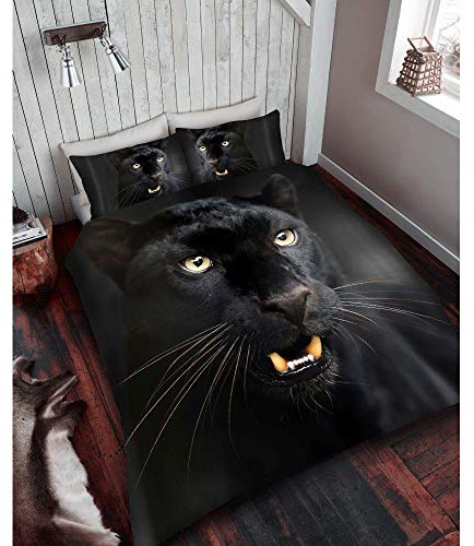 Bettbezug-Set 3D-Tiermotiv, aus Polyester-Baumwoll-Mischgewebe, 50 % Baumwolle, 50 % Polyester, Black Panther Print, Doppelbett