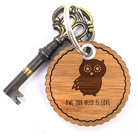 Mr. & Mrs. Panda Rundwelle Schlüsselanhänger Eule Seitenflügel - Geschenk, Taschenanhänger, Glücksbringer, Nachtaktiv, Schlüsselband, Owl, Wood