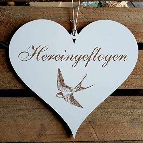 Schild Herz « HEREINGEFLOGEN » ca. 13 x 12 cm - mit Motiv SCHWALBE - Türschild Dekoschild Geschenk - Vogel Vögel Ornithologe