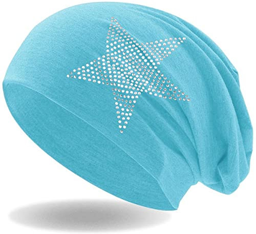 Hatstar Strass Stern Damen Beanie Mütze | elastisches Slouch Long Beanie | Mädchen Mütze | mit edler Strass Applikation | leicht und weich (hellblau)
