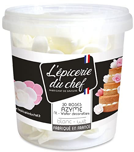 Épicerie du Chef - Pot de 30 Roses en Azyme Blanches - Décoration Fleur Alimentaire Pâtisserie, Gâteau, Pièce-Montée, Cupcakes - Comestibles & Sans Colorant - Fabriqué en France - EDC8697