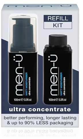 men-ü MATT FACE MOISTURISER REFILL STARTER KIT, Up to 240 Applications, Ultra-Concentrate Mens Moisturiser, Use on the Face and Neck for Matt, Smooth & Firm Surface, 100 ml Bottle + 100 ml Refill