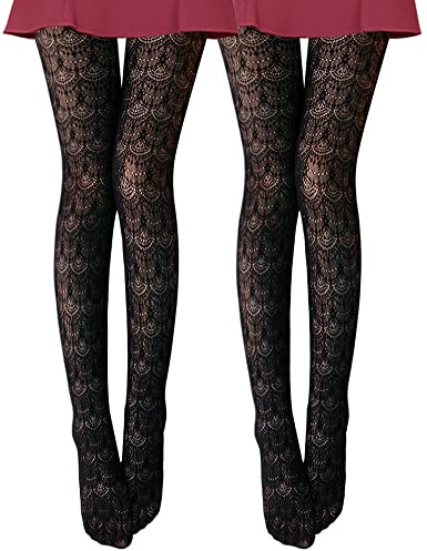 VERO MONTE Bunte Strickstrumpfhose für Damen, gemusterte Spitzenstrümpfe, Schwarz + Schwarz, 2 Paar, S-L