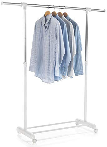 IDIMEX Portant à vêtements Sala en métal chromé et Blanc, penderie Simple sur roulettes vestiaire Mobile avec 1 Barre Extensible Hauteur réglable