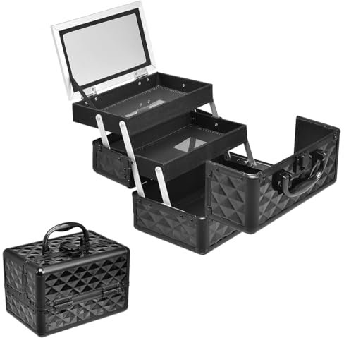 RELAX4LIFE Valigetta Rigida per Trucchi da Viaggio, Mini Valigia Portatile per Cosmetici in ABS e Alluminio, con Specchio, Manico e Chiusura, Design a Tre Strati Pieghevole, 23x15x18cm
