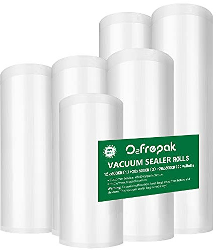 O2frepak 6 Pack 15x600cm(1Roll) and 20x600cm(3Rolls) and28x600cm(2Rolls) Vacuum Sealer Bags Rolls for Food,Commercial Grade, BPA Free,Puncture Prevention,Great for Sous Vide