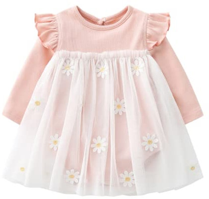 Alunsito Vestito dal tutu delle neonate del bambino Abiti autunnali Maglia manica lunga Fluffy Daisy Tulle Dress Abiti da principessa 73 9-12 mesi rosa