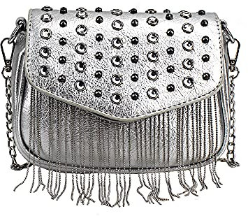MEGAUK Mini Niet Handtasche Kette Fransen Umhängetasche Cross Body Taschen Elegante Kettentasche Punk Clutch Bag Abendtasche mit Kette Riemen Metall Schultergurt