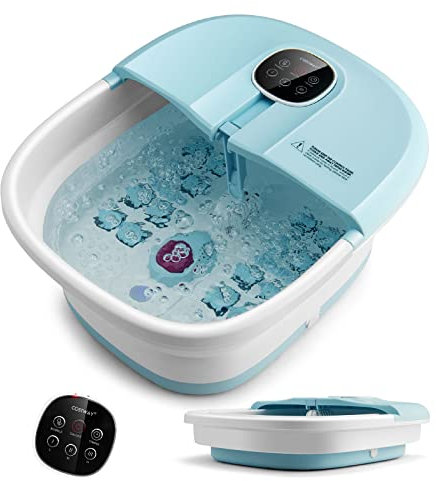 COSTWAY Bain de Pieds Pliant, Massant Chauffant Spa, Masseur à Pédicure avec Bulle et Température Réglable, Massage au Rouleau avec Panneau ABS, Télécommande et Boîte à Médicaments(Bleu Ciel)