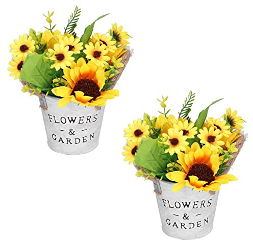 Künstliche Sonnenblumen, 2er-Pack gelbe künstliche Blumen mit Vase aus Metall, Topfpflanzen, Seidenblumenstrauß für Hochzeitsdekoration im Heimbüro