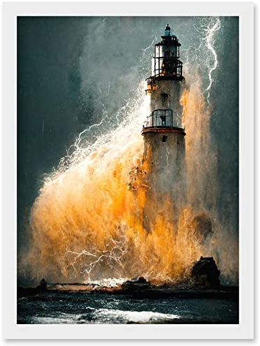Doppelganger33 LTD Lighthouse Storm French Coastline Lightning Hurricane Artwork Framed Wall Art Print A4