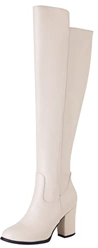 Lroey Reoly Stivali da Donna con Tacco a Blocco Sopra Il Ginocchio Stivali Invernali con Tacco Alto Punta Tonda Stivali Lunghi con Zip Beige Numero 40 EU