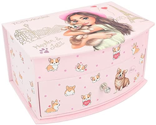 Depesche 12280 TOPModel Corgi - Schmuckkästchen in Rosa, mit Corgi-Muster, Model-Motiv und Glitzersteinen, Schmuckbox mit Spiegel und Klappdeckel