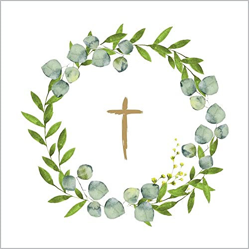Miss Lovely Kommunions-Servietten Konfirmations-Servietten Kreuz Botanical mit Eukalyptus Kranz/Ranke Kirchliches weiß & grün Fest Kommunion Konfirmation Firmung Taufe Junge & Mädchen 40 Servietten