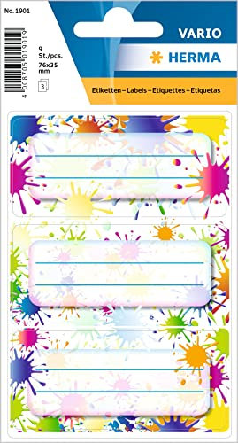 HERMA 1901 Buchetiketten zum Beschriften Farbkleckse, 9 Stück, 76 x 35 mm, selbstklebend, liniert, Buchaufkleber für Schule Kinder Mädchen Jungen, mehrfarbige Heftetiketten Aufkleber, bunt
