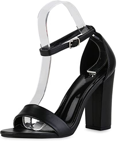 VAN HILL Damen High Heels Sandaletten Party Riemchenschuhe Blockabsatz Schuhe Leder-Optik Schließe Absatzschuhe 210125 Schwarz 41