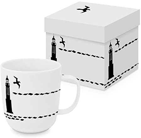 Paperproducts Design PPD - 161402207 - Kaffeebecher, Vague Matte, Leuchtturm und Vogel, schwarz, weiß, New Bone China, mit Geschenkkarton, H: 10cm, D: 9cm, 400ml