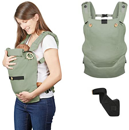 Babymoov Babytrage 2-in-1 Moov & Boost Sage green + Neugeboreneneinsatz - ab der Geburt bis 20kg, von einer Physiotherapeutin entworfen