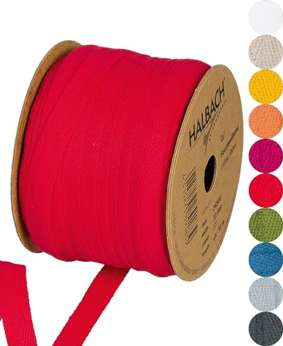 Halbach Seidenbänder Cinta de algodón de 10 mm x 30 m, cintas para manualidades, venta por metros, cinta de tela para decoración, cinta tejida 100% algodón, manualidades, costura al bies, color rojo,