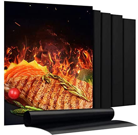 VISEKA Tapis pour Grillades Lot de 5 Tapis Antiadhésif Téflon Feuilles pour Grillades Réutilisable Lavable Tapis pour Grillades pour Le Barbecue, la Cuisson et Le Four