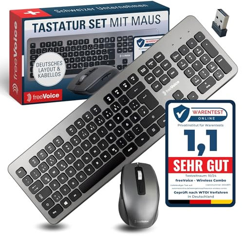 freeVoice Tastatur Set mit Maus I Kabellose Tastatur mit 10 m Reichweite I Leise Tastatur inkl. Maus für Laptop & Computer I rutschfeste & Flache Tastatur I Keyboard für Büro, Home-Office & Zuhause
