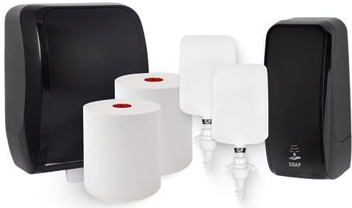 Blanc Hygienic Waschraum Set: Handtuchrollenspender AUTOCUT + 2 TAD Handtuchrollen + Schaumseifenspender Sensor + 2 Kartuschen Farbe Schwarz