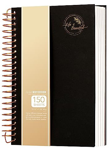 CAGIE Hardcover Notizbuch A4 Liniert mit Spiralbindung 300 Blatt (150 Seiten) Groß Spirale Notizblock Bullet Journal Block Schulbedarf für Arbeit Office Meeting Schule College Essentials, Schwarz