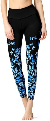 HAPYWER Yoga Leggings Damen High Waist Yogahose Bunt Gym Sport Leggings Tummy Control Running Workout - Stretch Kompressionshose mit Aufdruck für Frauen(Schmetterling,XL)