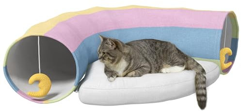 PawHut Katzentunnel, Katzenspielzeug mit Spiel, Kissen, Faltbarer Spieltunnel aus Polyester, Kombiniertes Design, für Katzen, Nager, Kleintier, Mehrfarbig, 105 x 65 x 28 cm