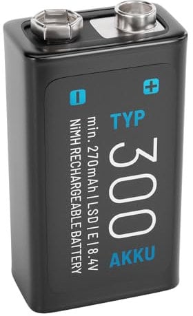 ABSINA 1x Batteria 9V Ricaricabile 300 con bassa autoscarica - Batterie 9V NiMH con 8,4V & almeno 270mAh - Pila 9V, 9V battery, pile 9V, 9V batteria ricaricabile, batteria 6LR61 9V, pila quadrata 9V
