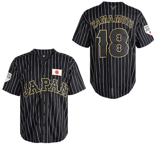 ZXCVB Herren #18 Yamamoto Jersey Hip Hop Kurzarm Japan Baseball Trikots genäht, Schwarz, Mittel