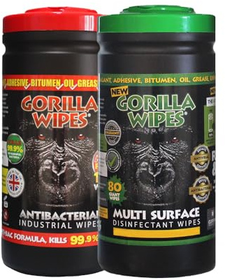 Gorilla Wipes Industrial Mixed Twin Pack – Antibacterial Multi-Surface Degreasing & Disinfectant Wipes, Green 80 & Original 100