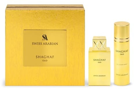 Swiss Arabian Shaghaf Oud Eau de Parfum Unisex 75ML + Körper Deo-Spray 75ML - Eine luxuriöse Duftkomposition aus Safran, Oud, Rose, Praline & Vanille - Orientalisches Aroma