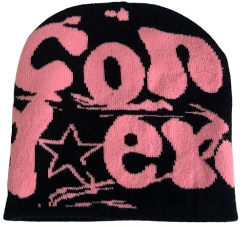 FEYLIE Y2K Hip-Hop-Beanie-Mütze, Unisex, für Herbst und Winter, Harajuku-Stil, Foto-Requisiten, vielseitige Halloween-Florhaube, Schwarz-rosa Buchstaben, Head circumference 55-60cm