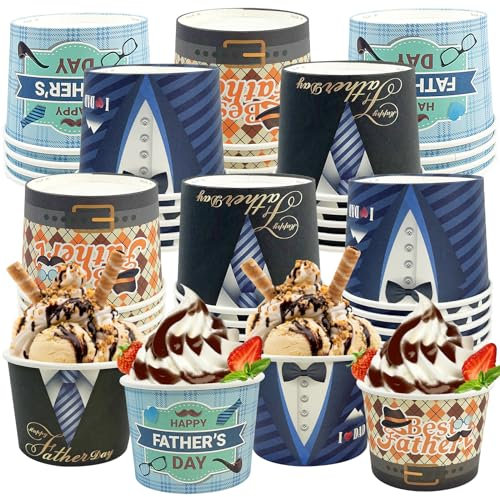 CIEOVO 48 Packs 9 oz Father's Day Party Paper Ice Cream Cups Disposable Tie Hat Dad's Day Bowls Snack Containers Dessert Bowls for Yogurt Soup Snack Hot Cold Food Father's Day Party Decoration