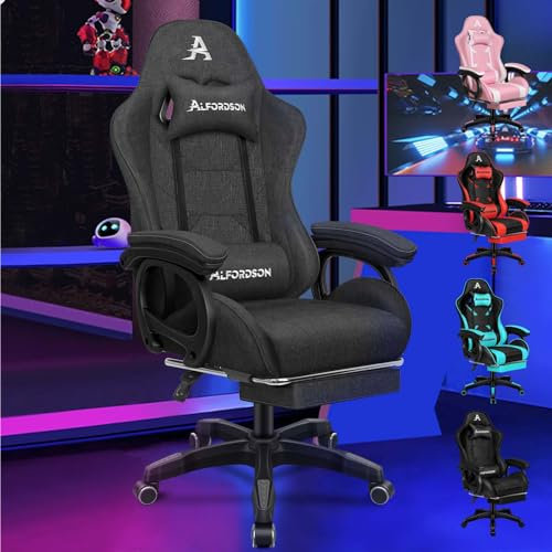 ALFORDSON Sedia da Gaming, Sedile Gamer con Supporto Lombare Massaggiante, Sedia da gioco Ergonomica Girevole con Poggiatesta, Regolabile in Altezza, Tessuto di lino, Grigio