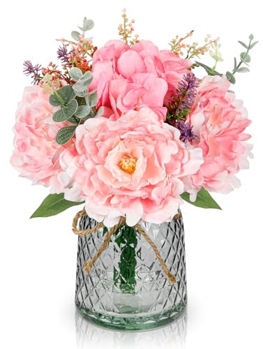 Oaise Artificial Flowers with Vase Artificial Peony Hydrangea Flowers Pink Silk Flowers Realistic Floral Arrangement for Home Kitchen Living Room Table Centerpieces Office Wedding Party Decorations
