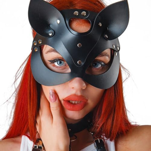 YIOTMOP Halloween Catwoman Maske Leder Damen Fetisch Bdsm Bondage Maske Männer Sexy Masken Erotische Augenmaske Augenbinde für Frau Sex SM Sexspielzeug Cosplay Rave Outfit